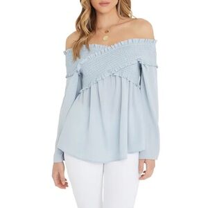 NWT VICI Ascension Smocked Top Medium off shoulder waterlily blue
